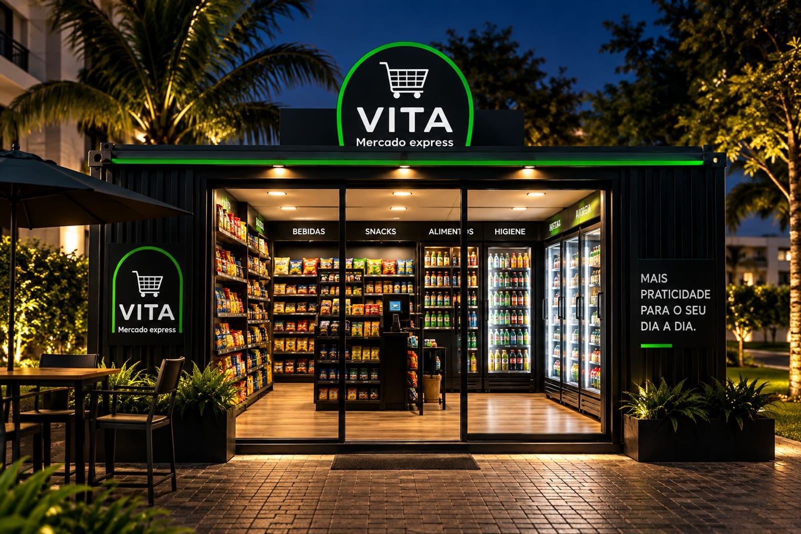 Unidade VITA Mercado Express: fachada preta com iluminação verde, letreiro VITA, portas de vidro e interior com prateleiras, geladeiras e terminal de autoatendimento.